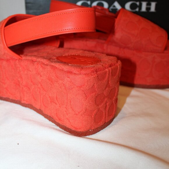 NEQ WOMEN'S Coach Noelle Signature Logo Print Platform Sandals RED ORANGE - Picture 6 of 8
